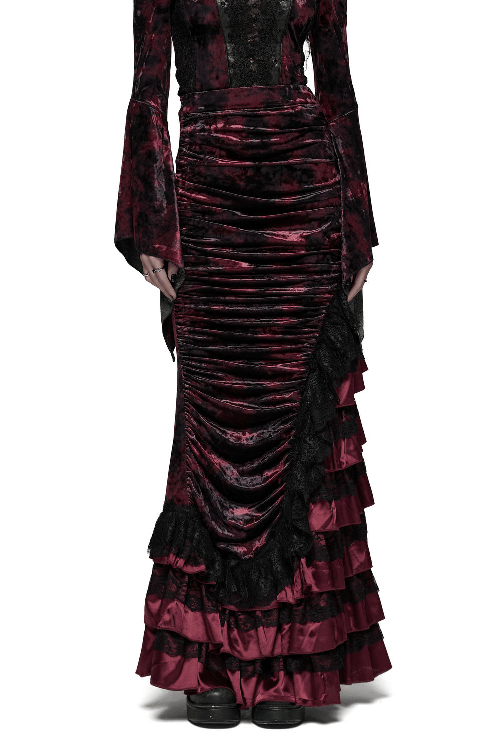 Victorian Gothic Velvet Skirt with Ruffled Lace Hem