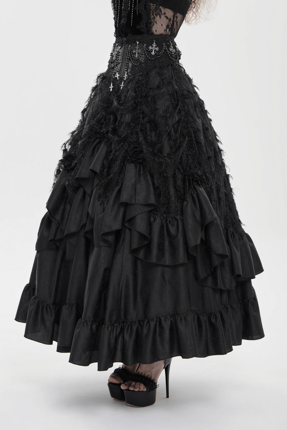 Victorian-Inspired Gothic Ruffle Skirt with Cross Details