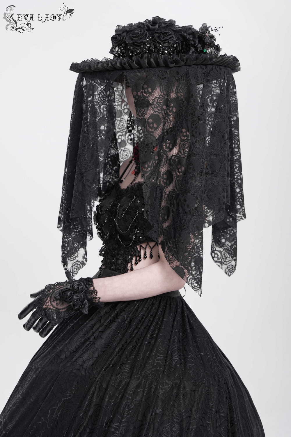 Victorian Lace Mourning Hat with Floral and Mesh Details