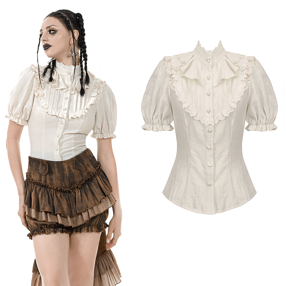 Victorian Puff Sleeved Blouse with Lace and Ruffle Detail