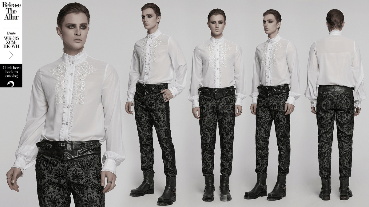 Victorian Ruffle Shirt with Gem Buttons and Embroidery