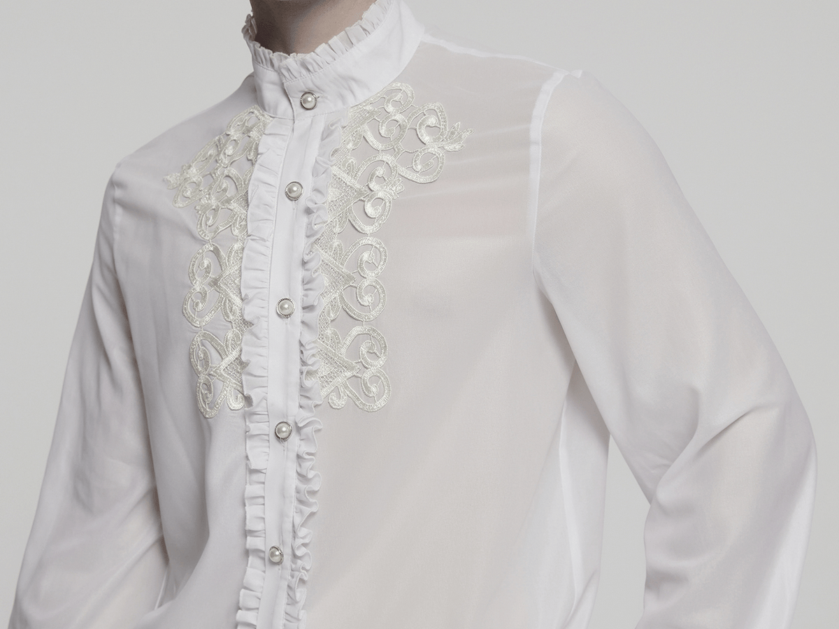 Victorian Ruffle Shirt with Gem Buttons and Embroidery