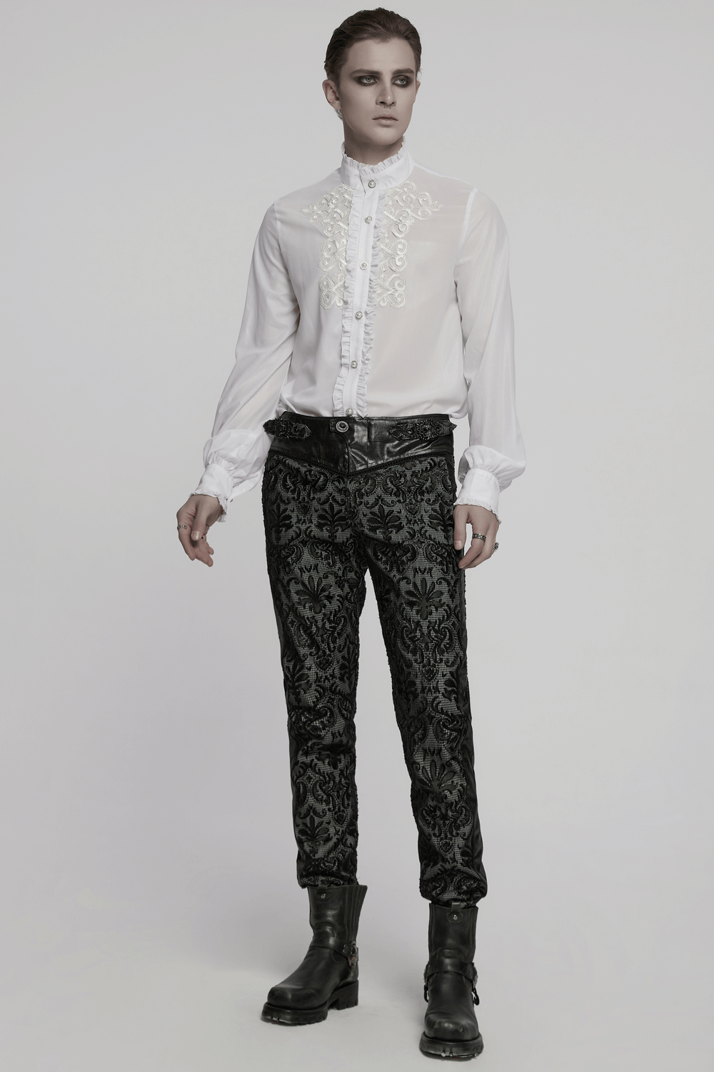 Victorian Ruffle Shirt with Gem Buttons and Embroidery