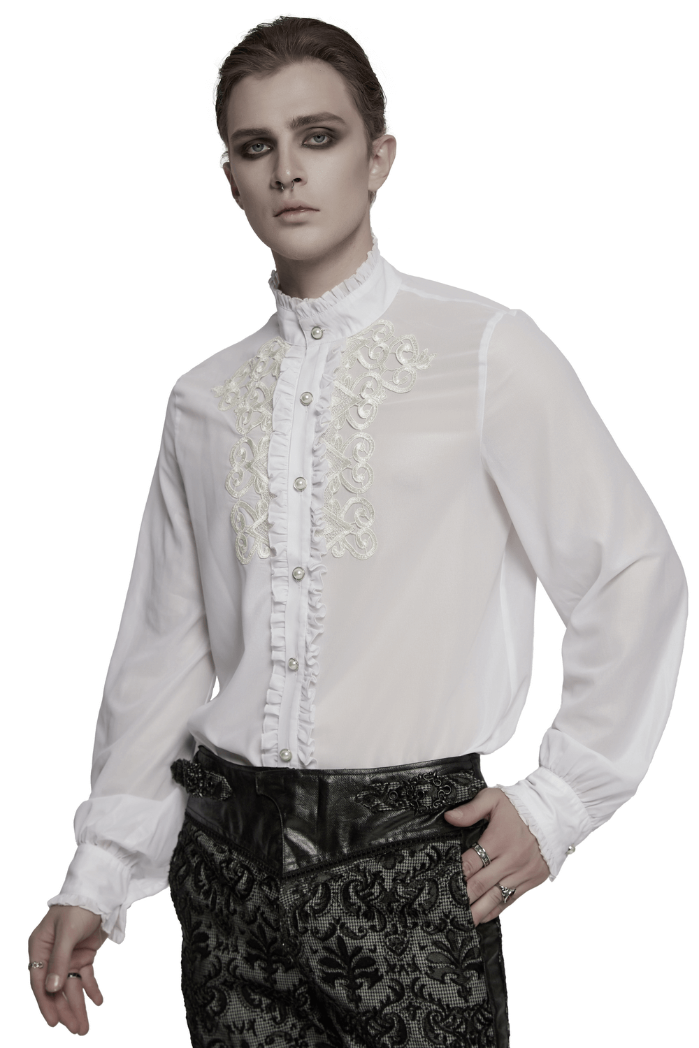 Victorian Ruffle Shirt with Gem Buttons and Embroidery