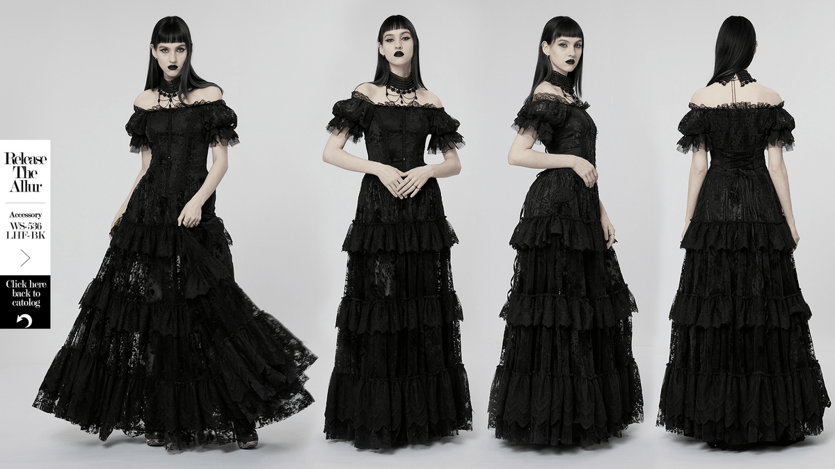 Victorian Short Sleeved Flocking Lace Layered Goth Dress