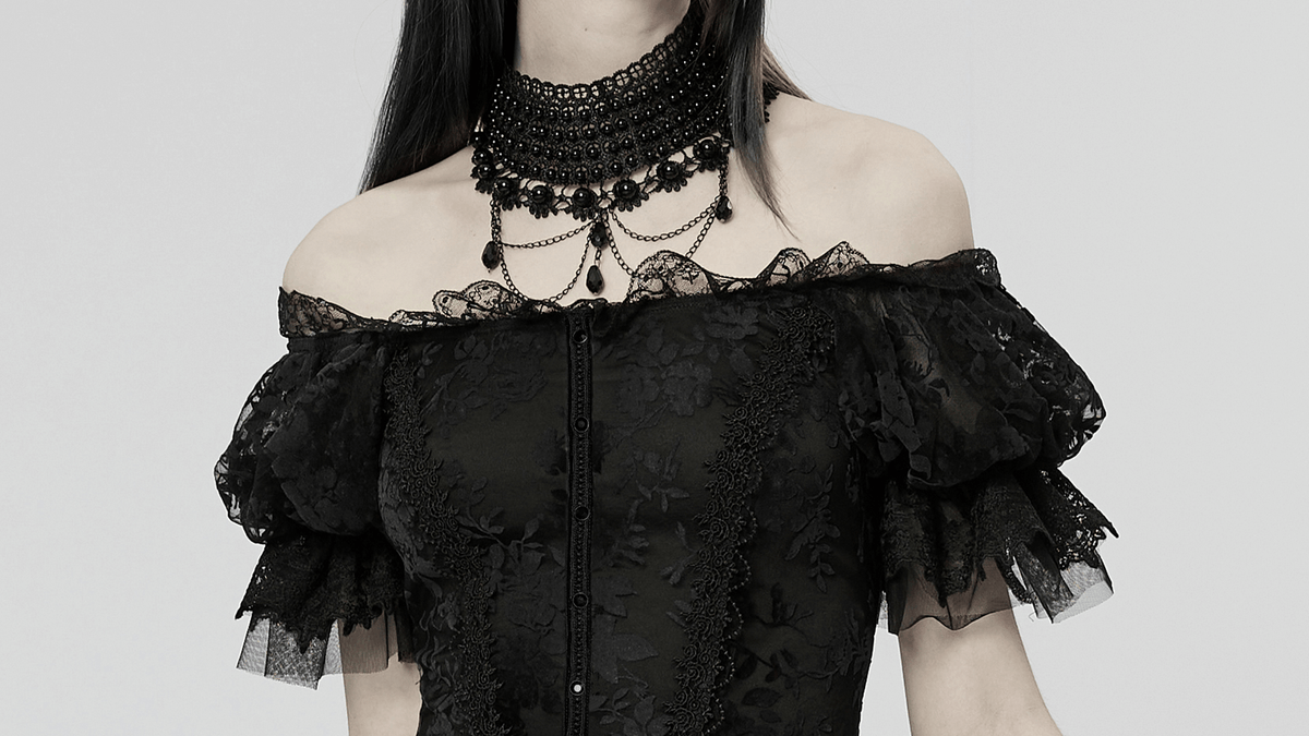 Victorian Short Sleeved Flocking Lace Layered Goth Dress