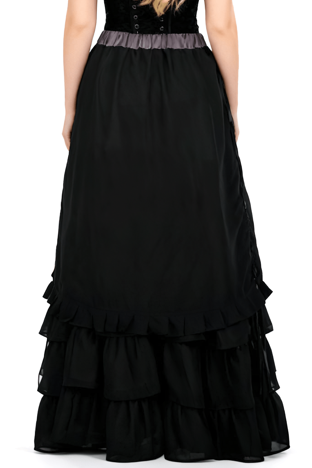 Victorian Tiered Maxi Skirt with Ruffle Hem and Waistband