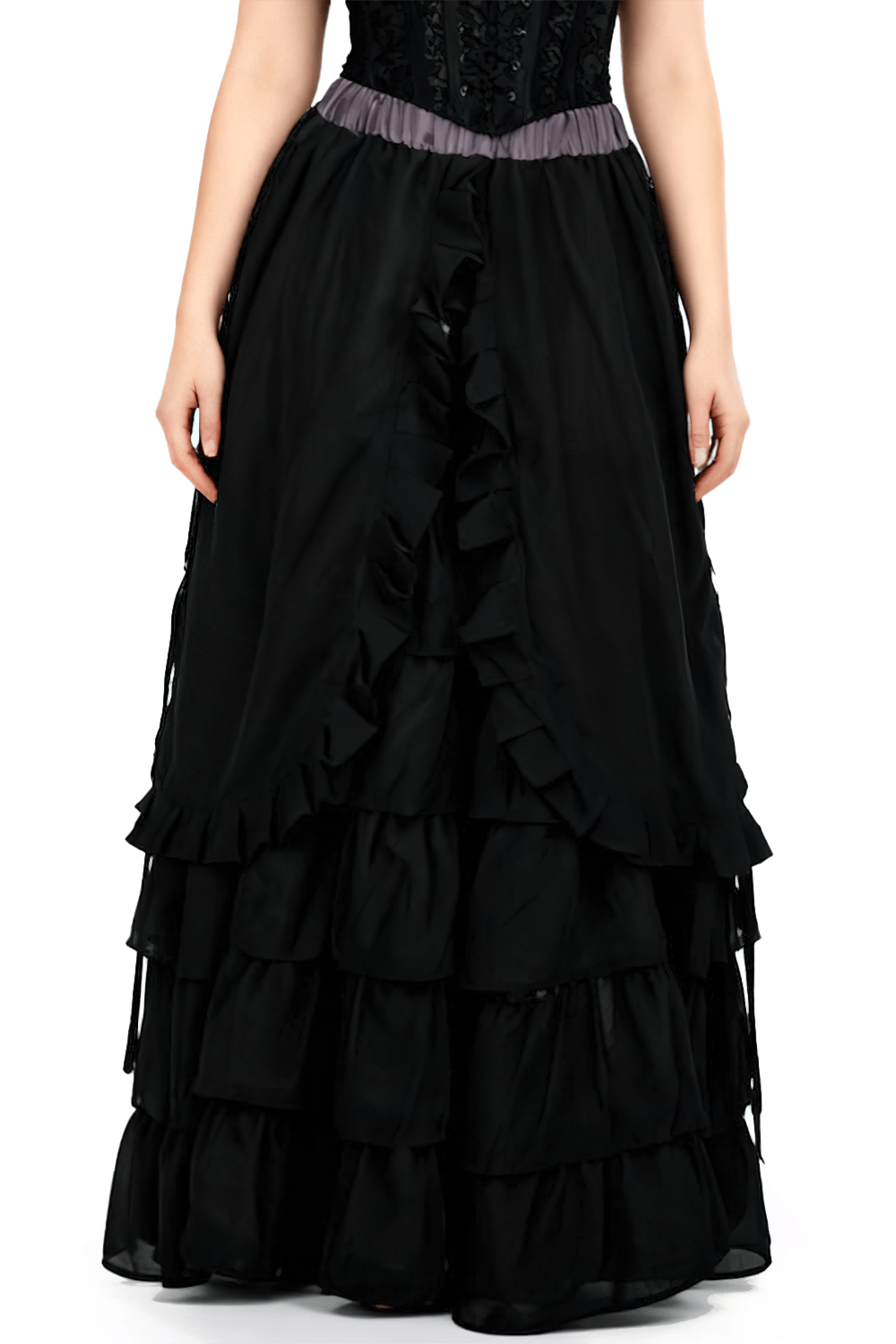 Victorian Tiered Maxi Skirt with Ruffle Hem and Waistband