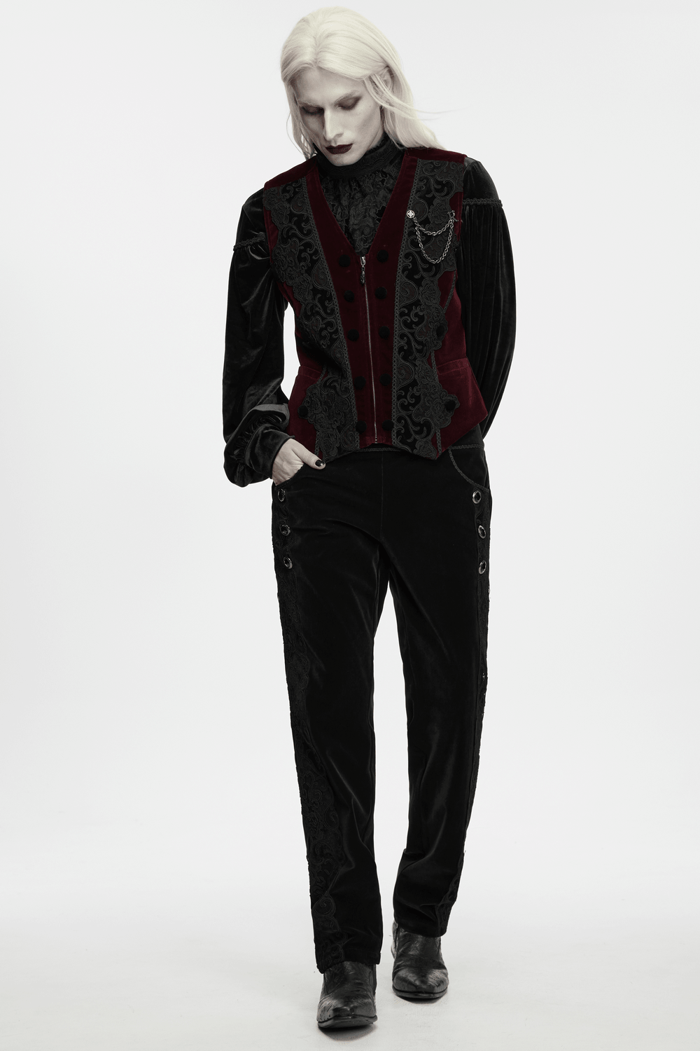 Vintage Dark Pattern Waistcoat with Chain Brooch Detail