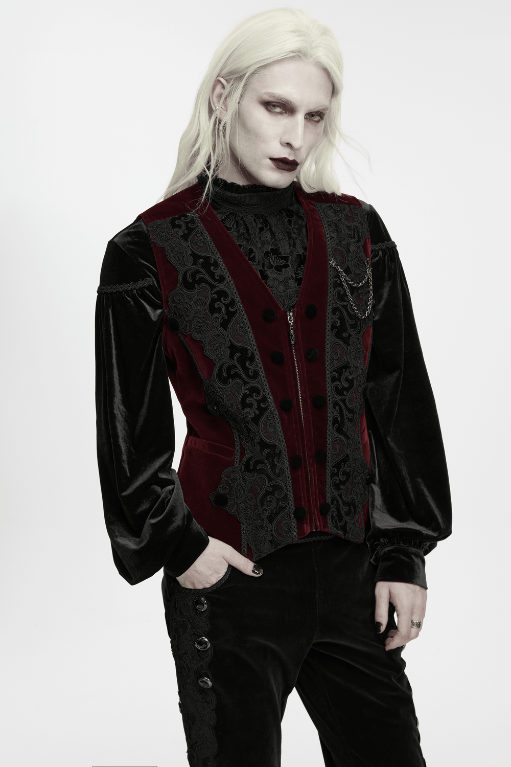 Vintage Dark Pattern Waistcoat with Chain Brooch Detail
