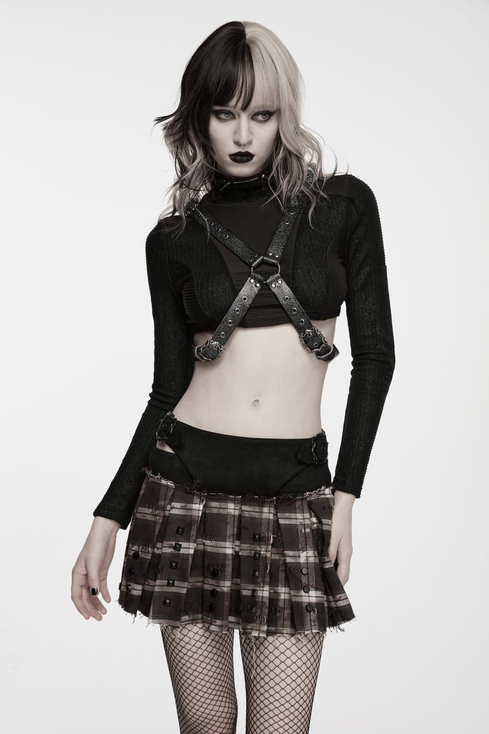 Vintage Embossed Leather Body Harness with Cross Straps