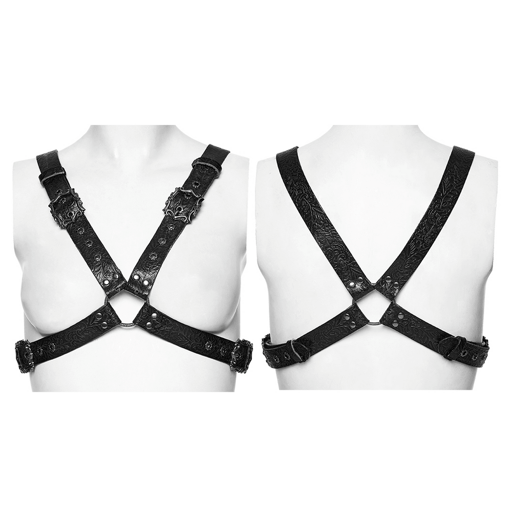 Vintage Embossed Leather Body Harness with Cross Straps