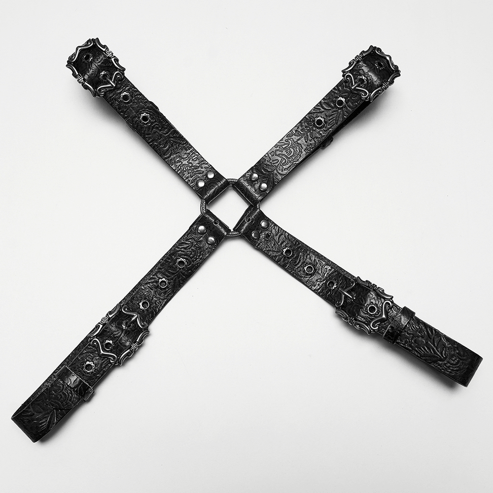 Vintage Embossed Leather Body Harness with Cross Straps