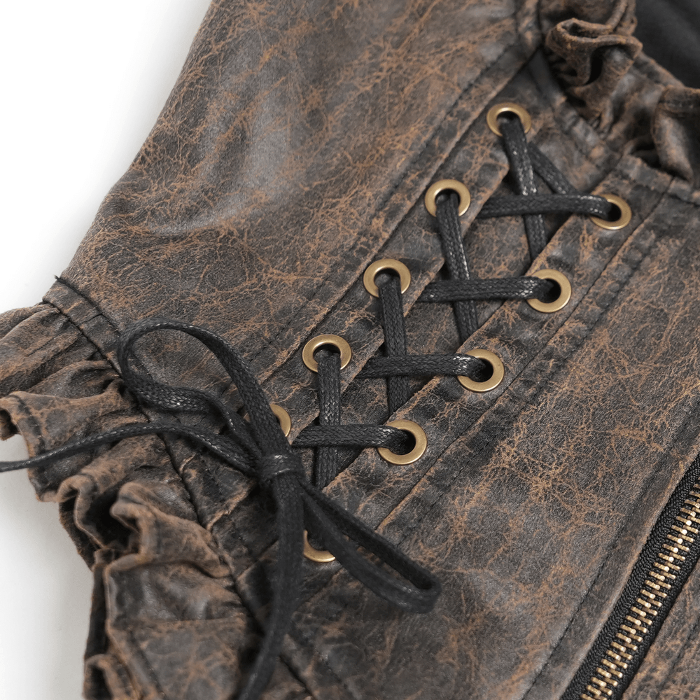 Vintage Lace-Up Waistcoat With Front Zipper Detail