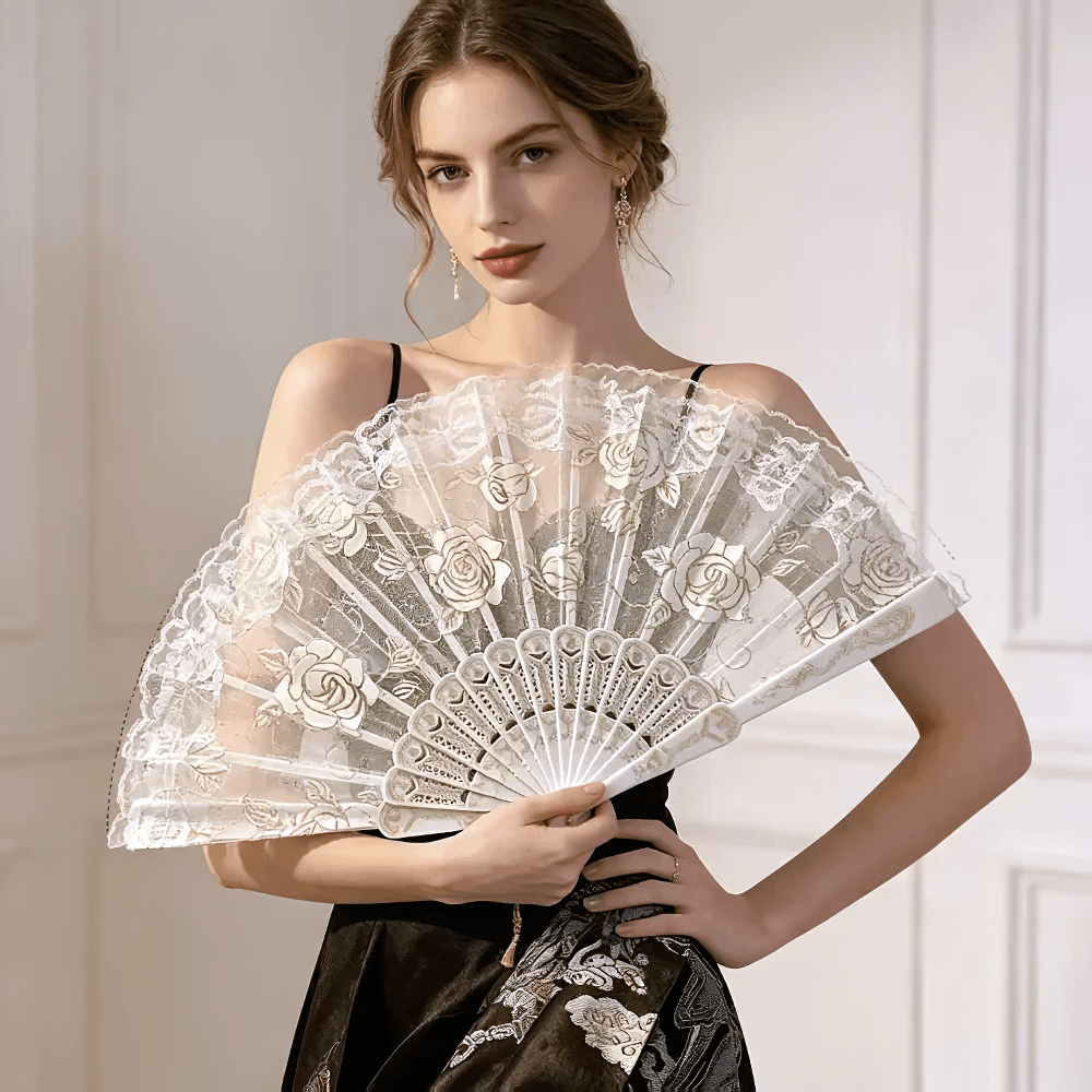 Vintage Rose Lace Folding Fan with Tassel Pendant