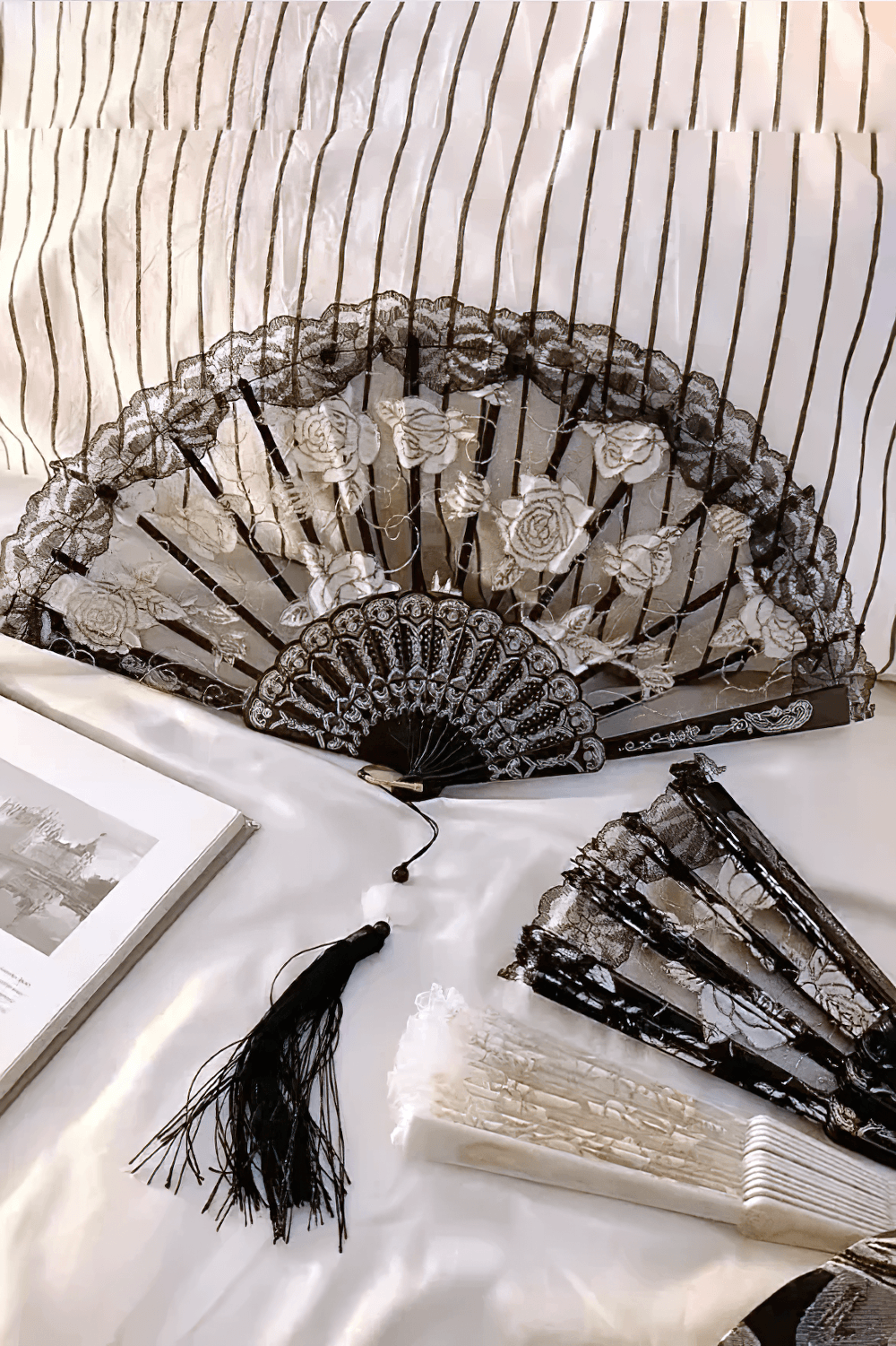 Vintage Rose Lace Folding Fan with Tassel Pendant