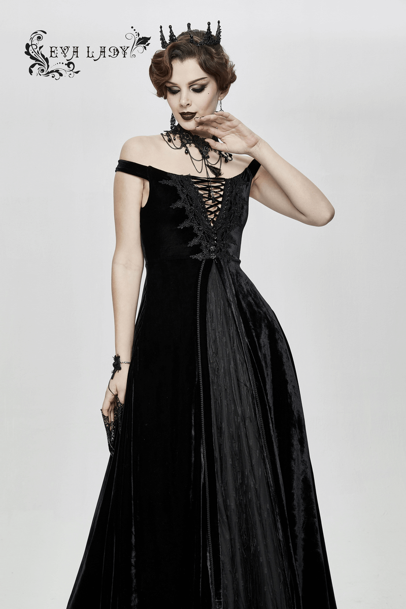Vintage Sexy Off Shoulder Velvet Long Dress / Gothic Black Dress with Lace On Bodice & Lace-up Back