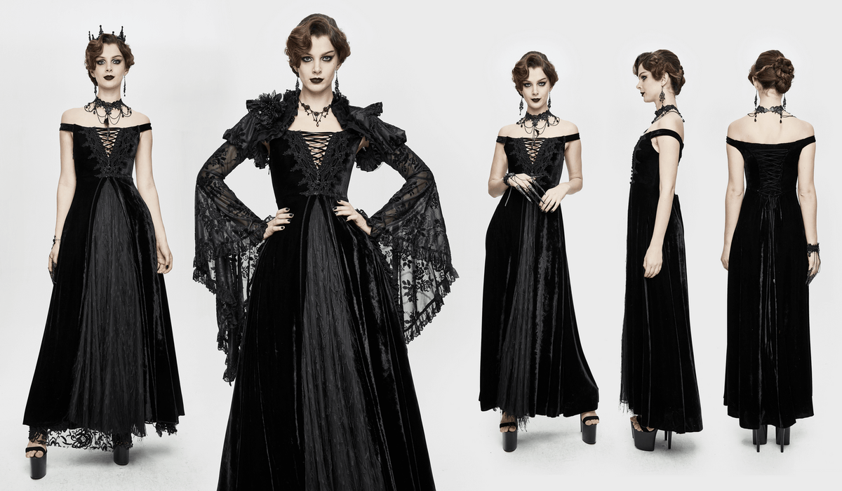 Vintage Sexy Off Shoulder Velvet Long Dress / Gothic Black Dress with Lace On Bodice & Lace-up Back