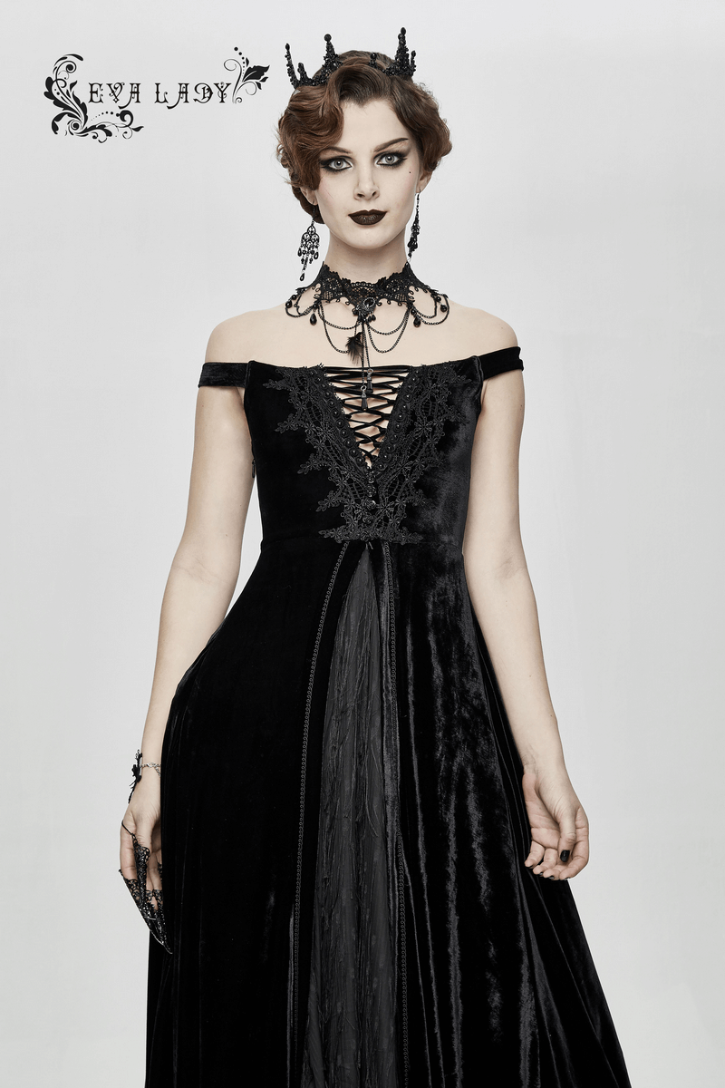 Vintage Sexy Off Shoulder Velvet Long Dress / Gothic Black Dress with Lace On Bodice & Lace-up Back