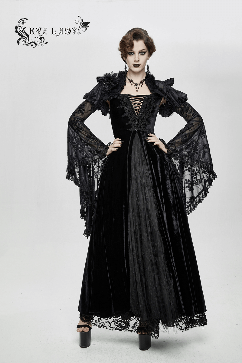 Vintage Sexy Off Shoulder Velvet Long Dress / Gothic Black Dress with Lace On Bodice & Lace-up Back