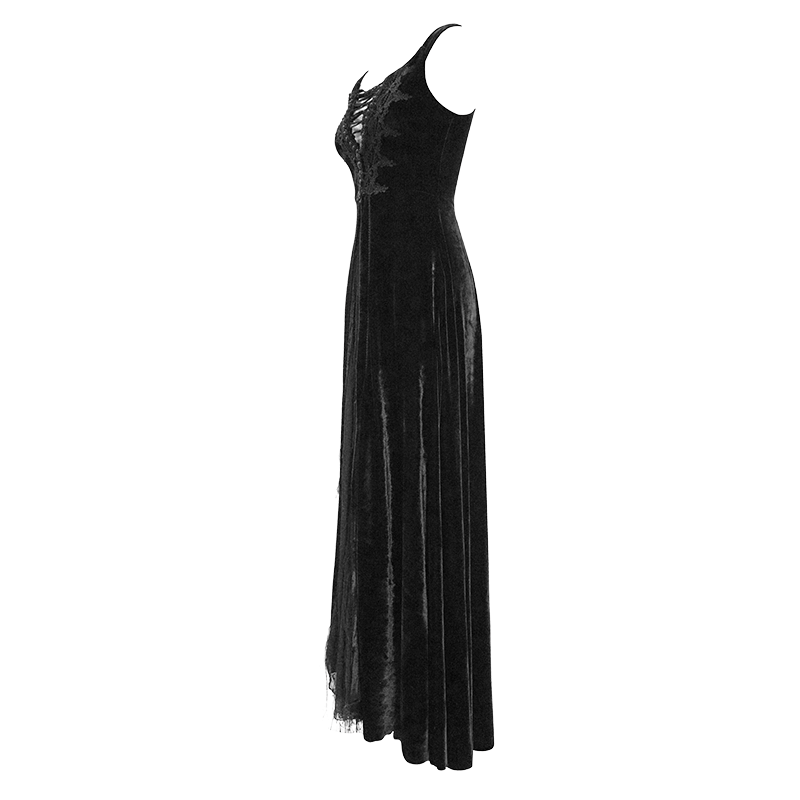 Vintage Sexy Off Shoulder Velvet Long Dress / Gothic Black Dress with Lace On Bodice & Lace-up Back