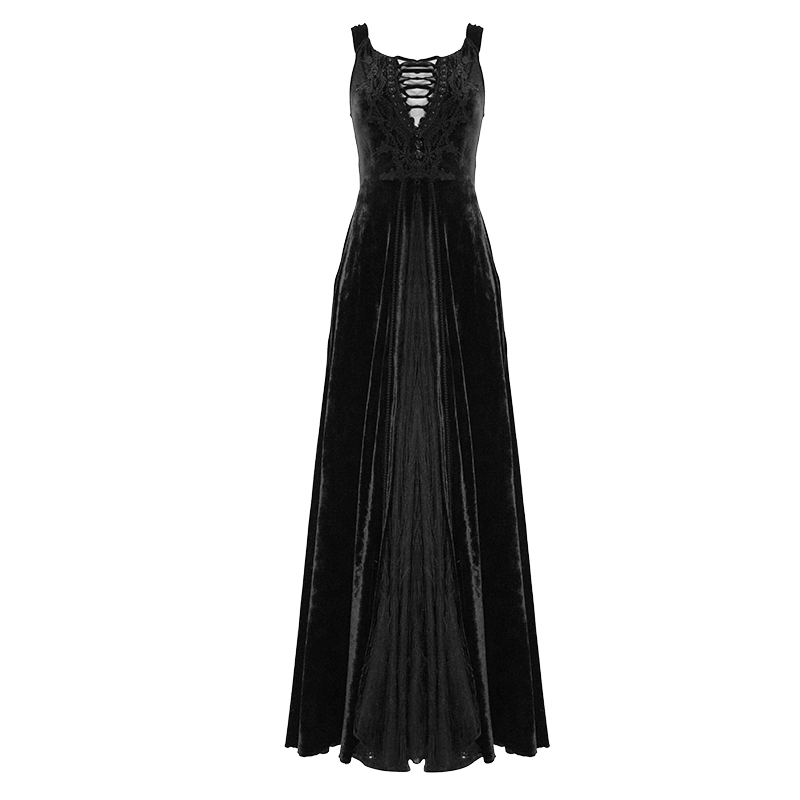 Vintage Sexy Off Shoulder Velvet Long Dress / Gothic Black Dress with Lace On Bodice & Lace-up Back