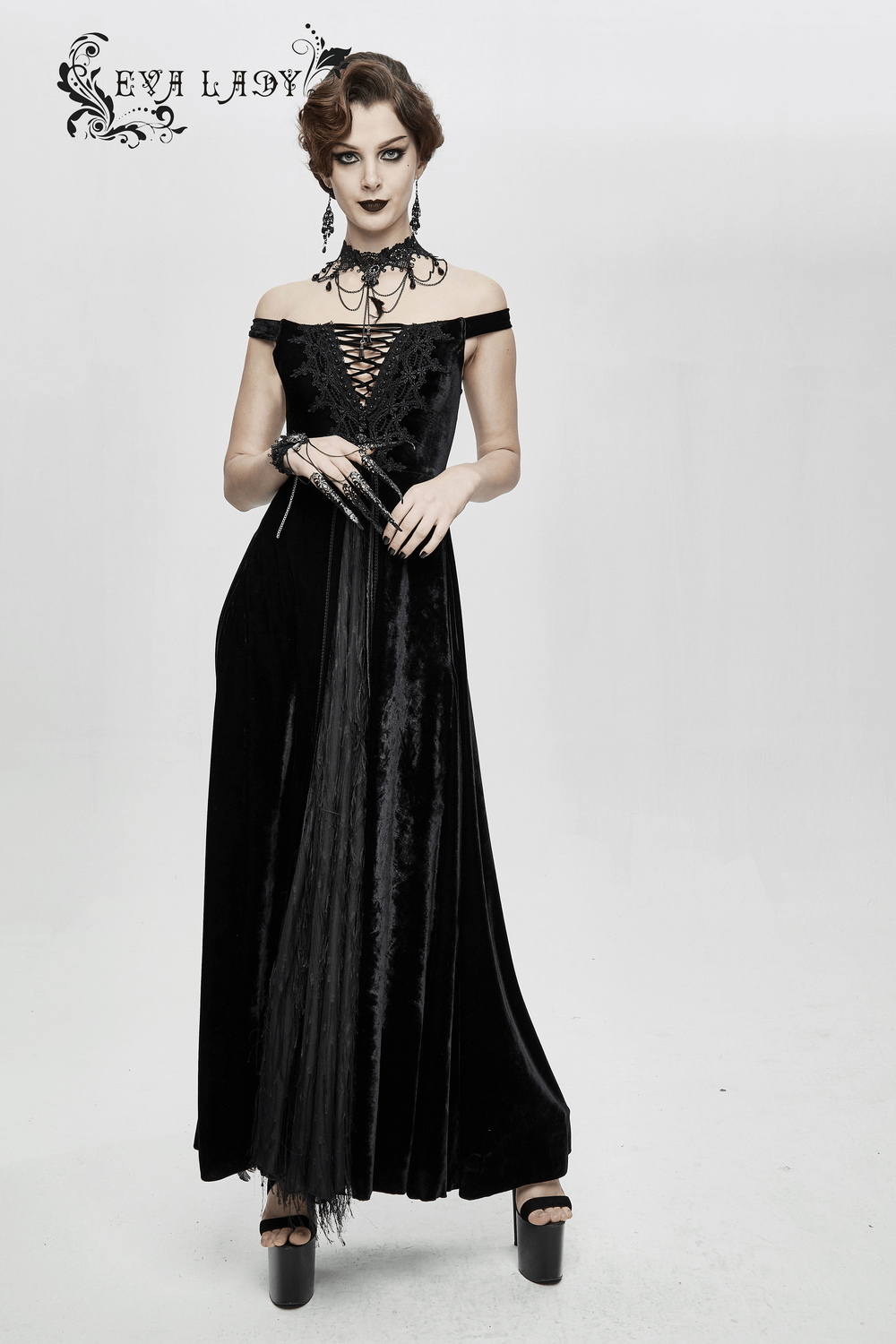 Vintage Sexy Off Shoulder Velvet Long Dress / Gothic Black Dress with Lace On Bodice & Lace-up Back
