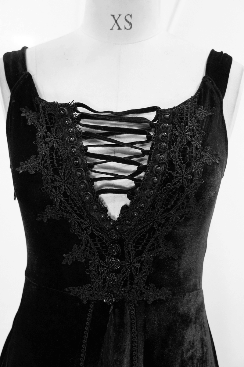 Vintage Sexy Off Shoulder Velvet Long Dress / Gothic Black Dress with Lace On Bodice & Lace-up Back