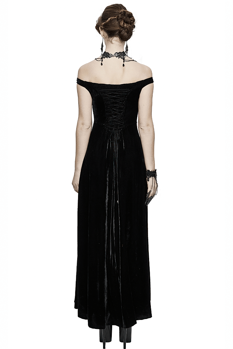 Vintage Sexy Off Shoulder Velvet Long Dress / Gothic Black Dress with Lace On Bodice & Lace-up Back