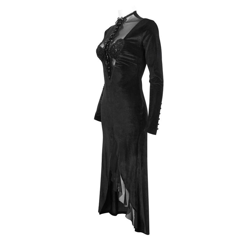 Vintage Velvet Slit FishtaiI Dress with Lace Applique / Gothic See-through Neck Long Sleeves Dress