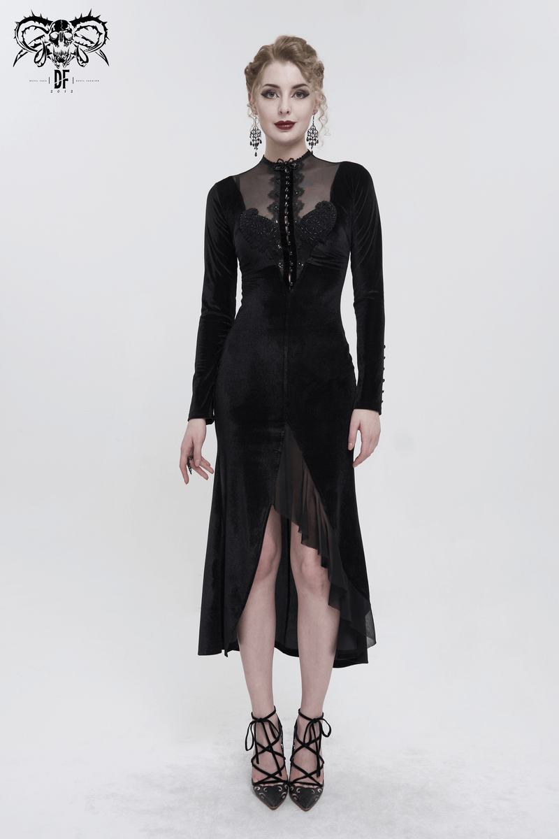 Vintage Velvet Slit FishtaiI Dress with Lace Applique / Gothic See-through Neck Long Sleeves Dress