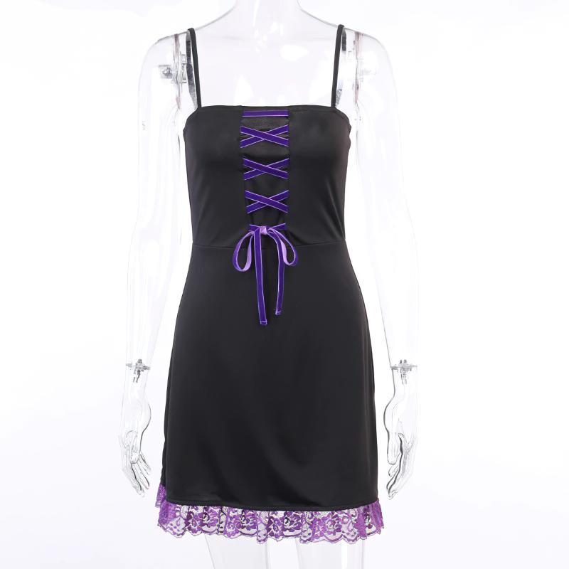 Vintage Women's Lace Gothic Style Black Dress / Sleeve Separated Ruffle Backless Mini Dress