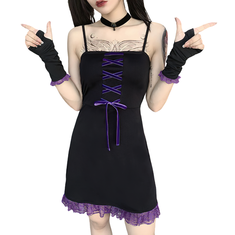 Vintage Women's Lace Gothic Style Black Dress / Sleeve Separated Ruffle Backless Mini Dress