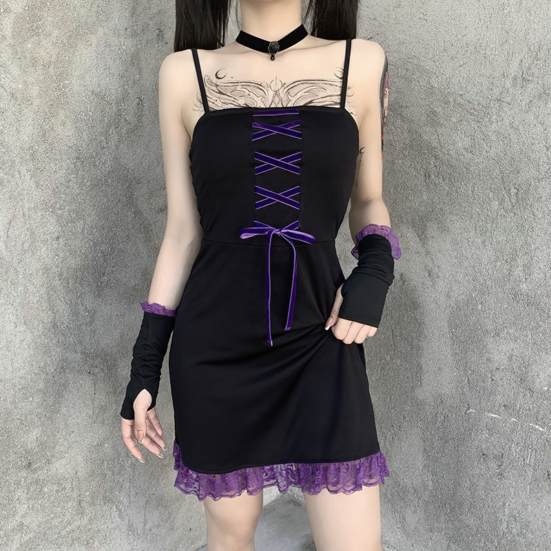 Vintage Women's Lace Gothic Style Black Dress / Sleeve Separated Ruffle Backless Mini Dress