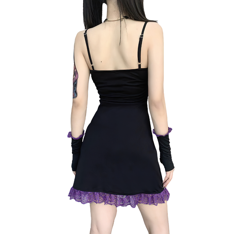 Vintage Women's Lace Gothic Style Black Dress / Sleeve Separated Ruffle Backless Mini Dress