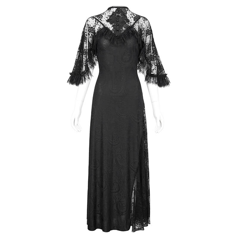 Vintage Women's Lace Slit Long Dress / Elegant Round Neck Dress with Lace Applique and Beading