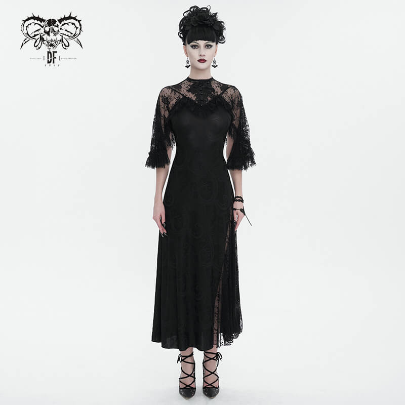 Vintage Women's Lace Slit Long Dress / Elegant Round Neck Dress with Lace Applique and Beading