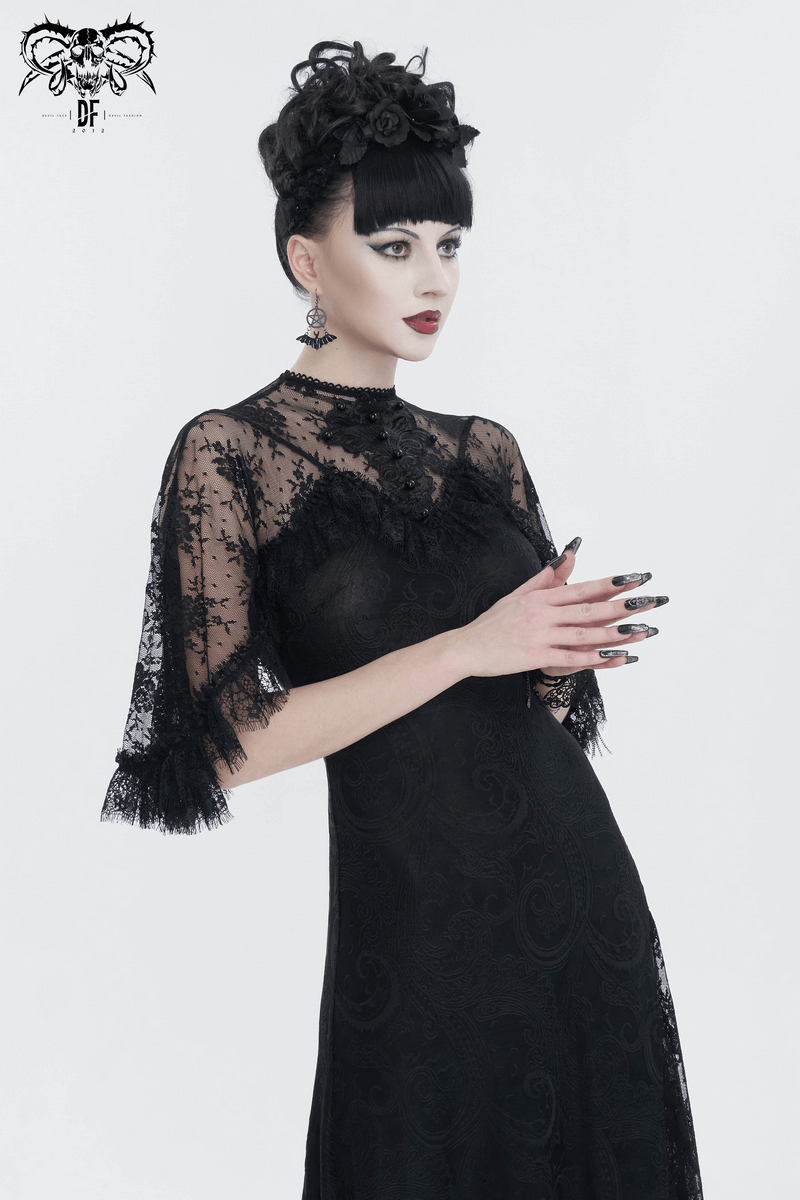 Vintage Women's Lace Slit Long Dress / Elegant Round Neck Dress with Lace Applique and Beading