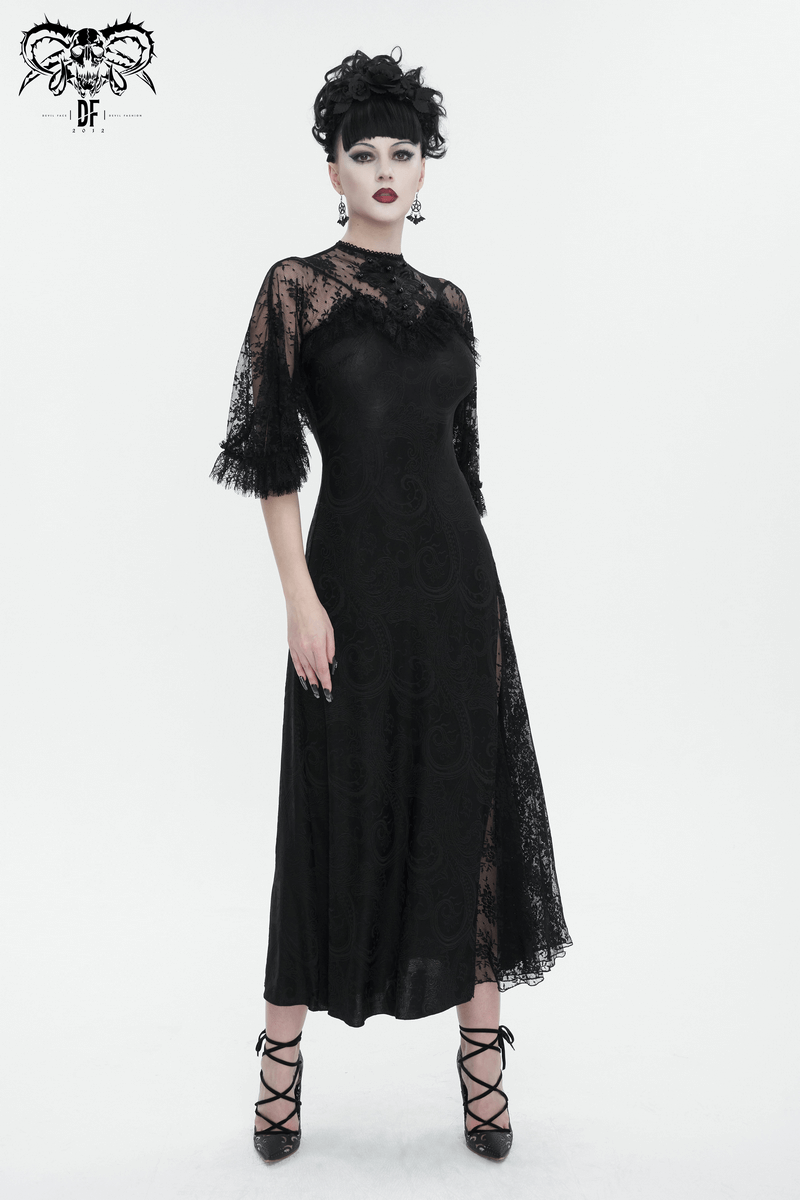 Vintage Women's Lace Slit Long Dress / Elegant Round Neck Dress with Lace Applique and Beading