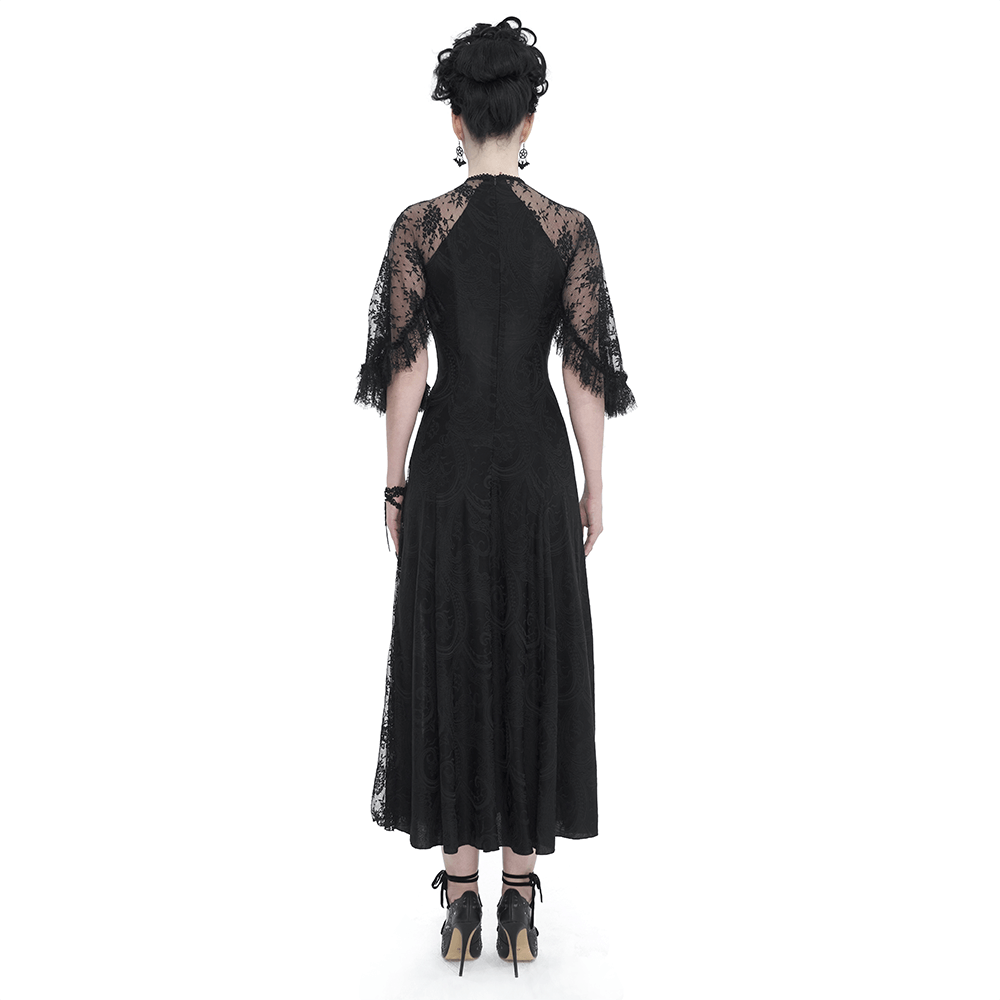Vintage Women's Lace Slit Long Dress / Elegant Round Neck Dress with Lace Applique and Beading