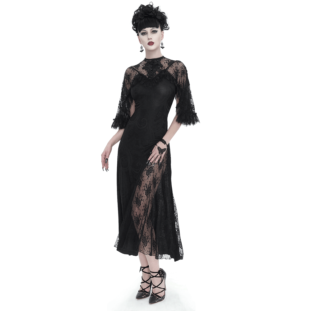 Vintage Women's Lace Slit Long Dress / Elegant Round Neck Dress with Lace Applique and Beading