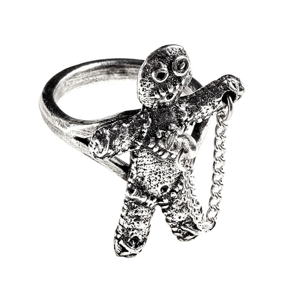 Voodoo Doll Pewter Ring with Safety Chain and Peg-Pin