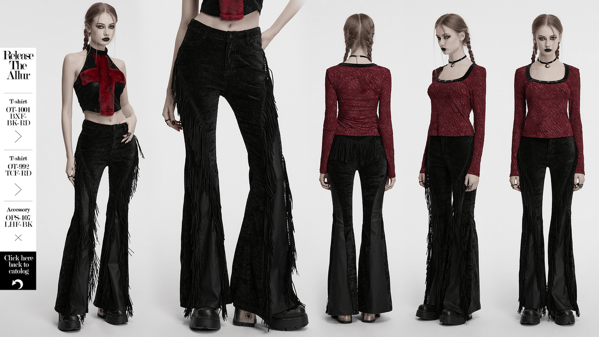 Wasteland Black Tassel Flare Pants with Velvet Detailing
