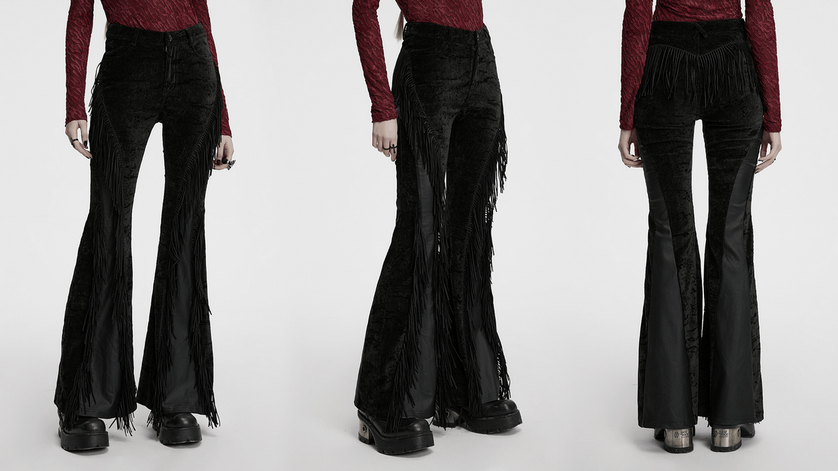 Wasteland Black Tassel Flare Pants with Velvet Detailing