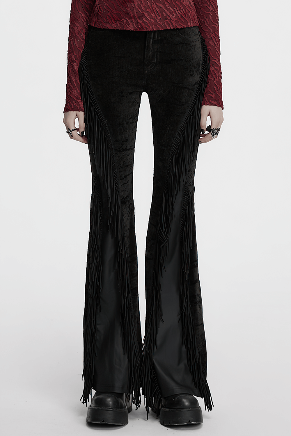 Wasteland Black Tassel Flare Pants with Velvet Detailing
