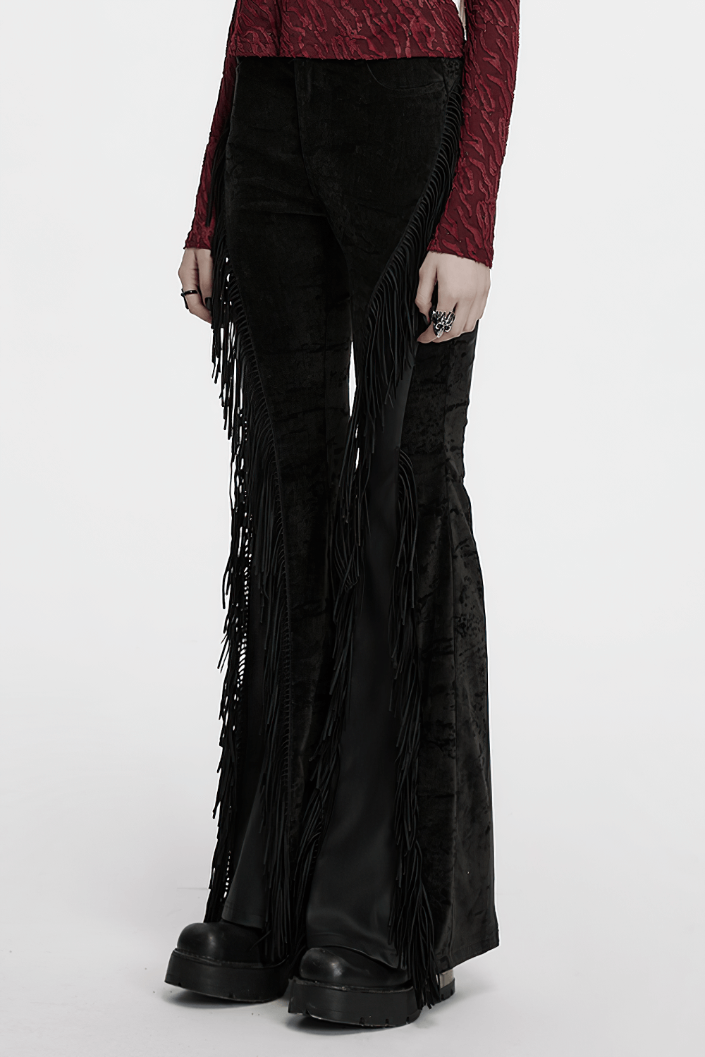 Wasteland Black Tassel Flare Pants with Velvet Detailing