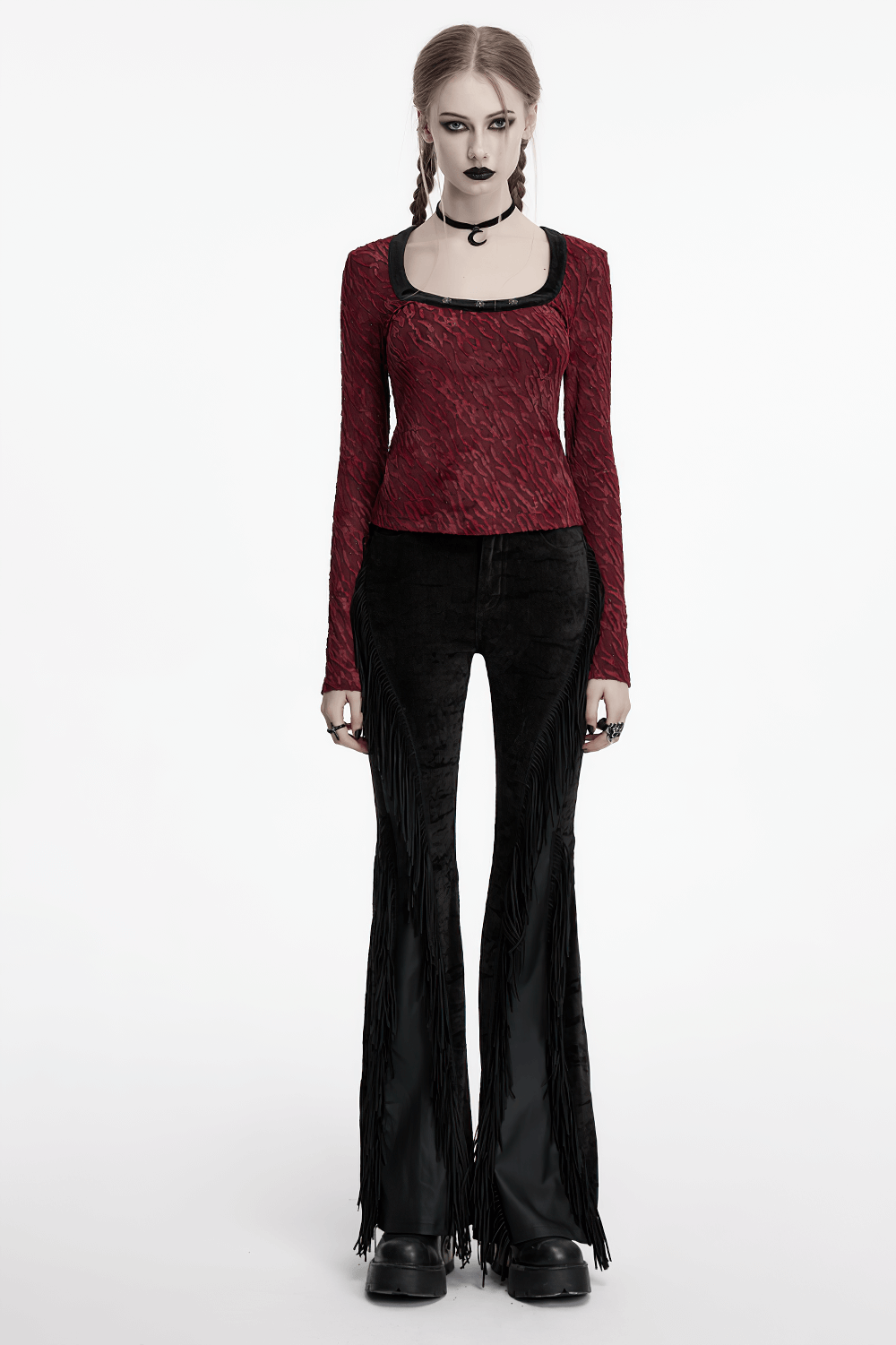 Wasteland Black Tassel Flare Pants with Velvet Detailing