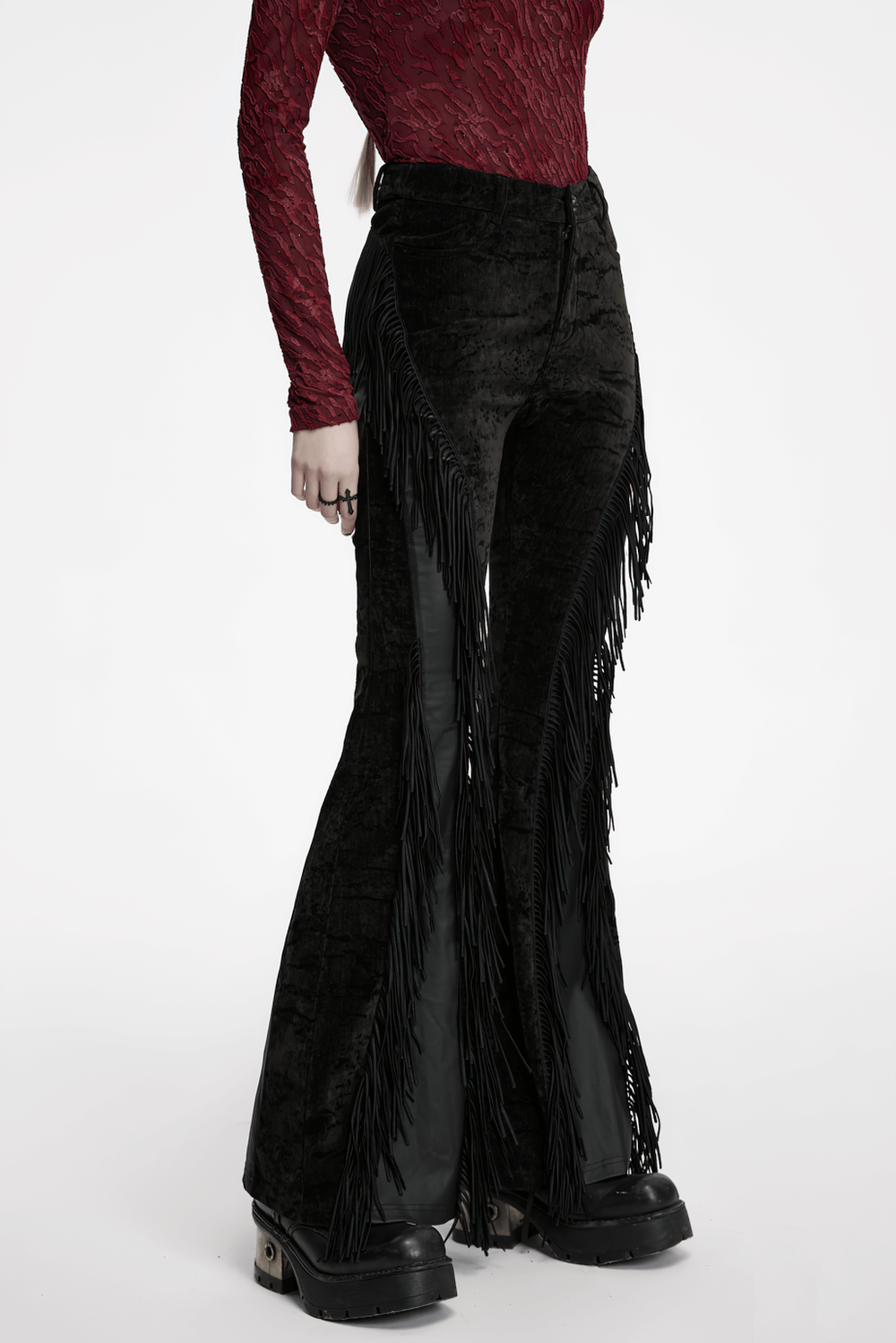 Wasteland Black Tassel Flare Pants with Velvet Detailing