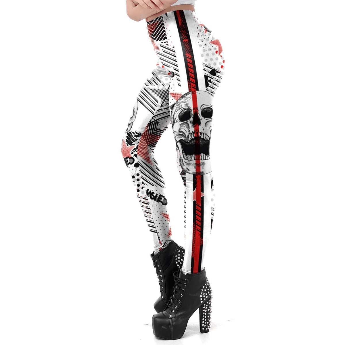 White Classic Female Leggings with Skull for Halloween / Sexy Workout Pants for Women