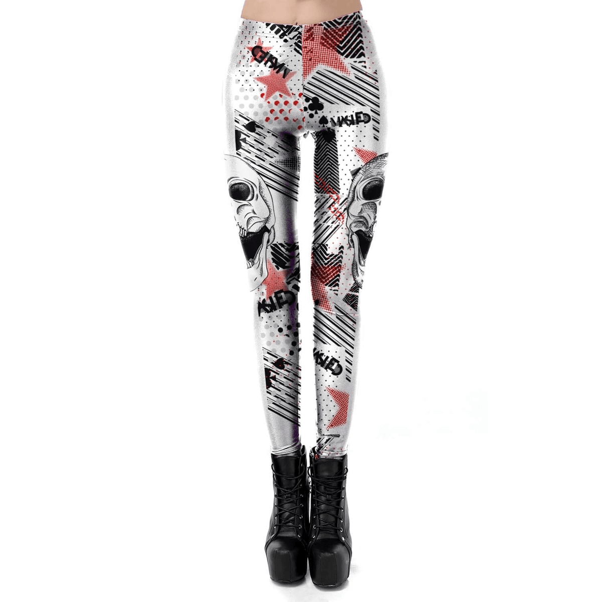 White Classic Female Leggings with Skull for Halloween / Sexy Workout Pants for Women